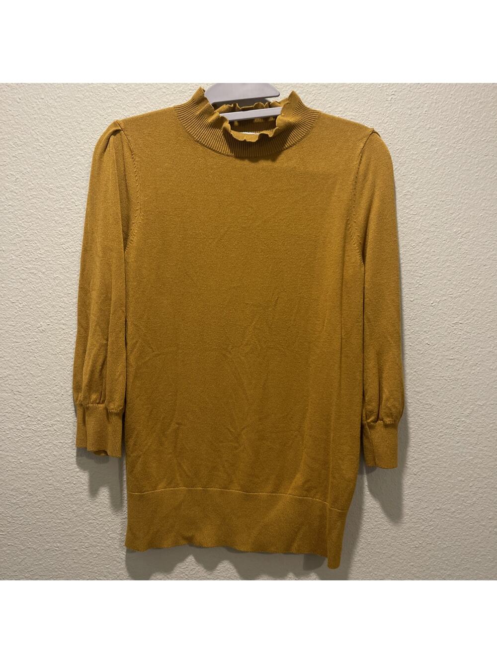 Lark & Ro Knit 3/4 Sleeve Sweater Mustard Yellow XS Ruffle Neck